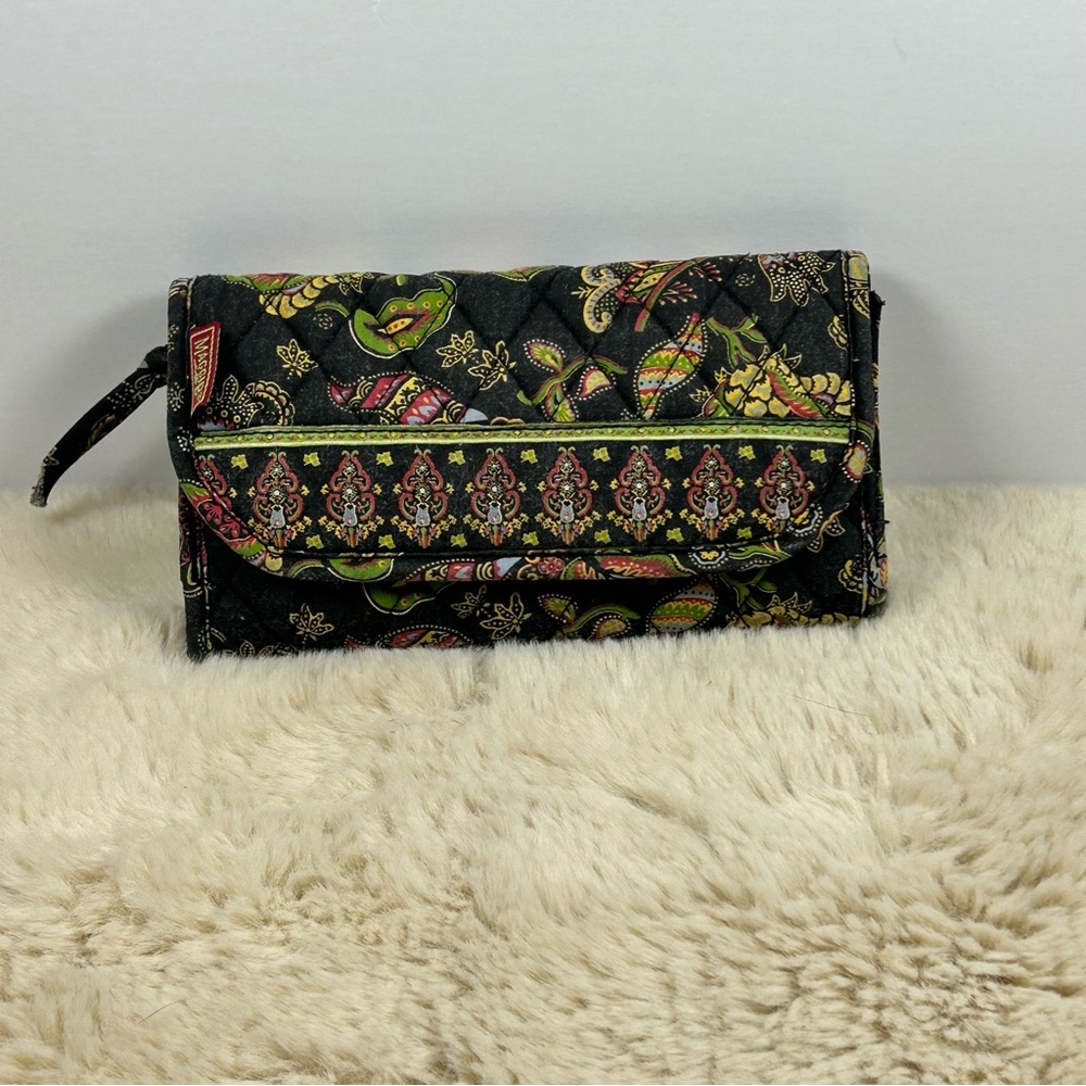 Black and Green Floral Wallet with Geometric Band Wallet or Fanny Pack